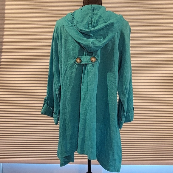 Super Cute Linen Teal Button-Up Hooded Jacket Size XL - Picture 10 of 15